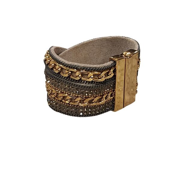 Large Cuff Statement Bracelet Gold-tone Chain Pave Crystals on Crisscross Fabric - Picture 5 of 6